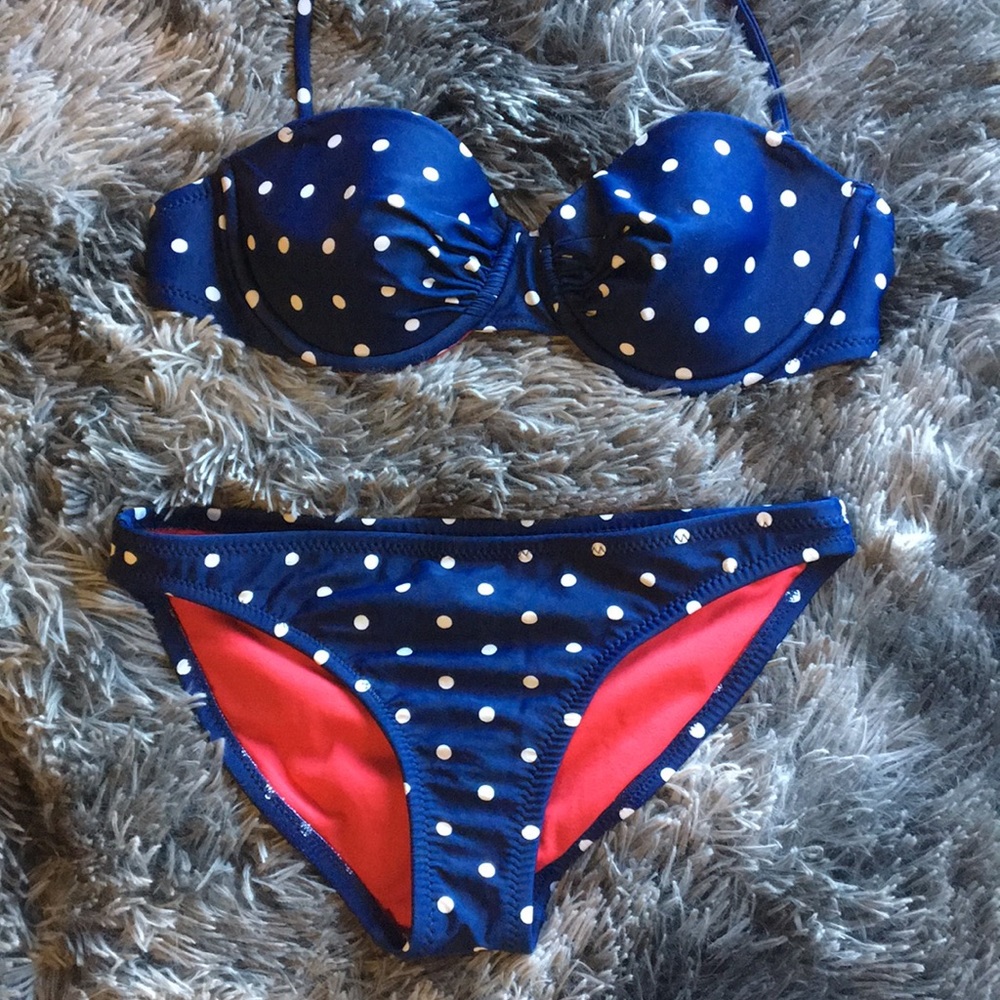 Blue and white polka dot bikini with underwire